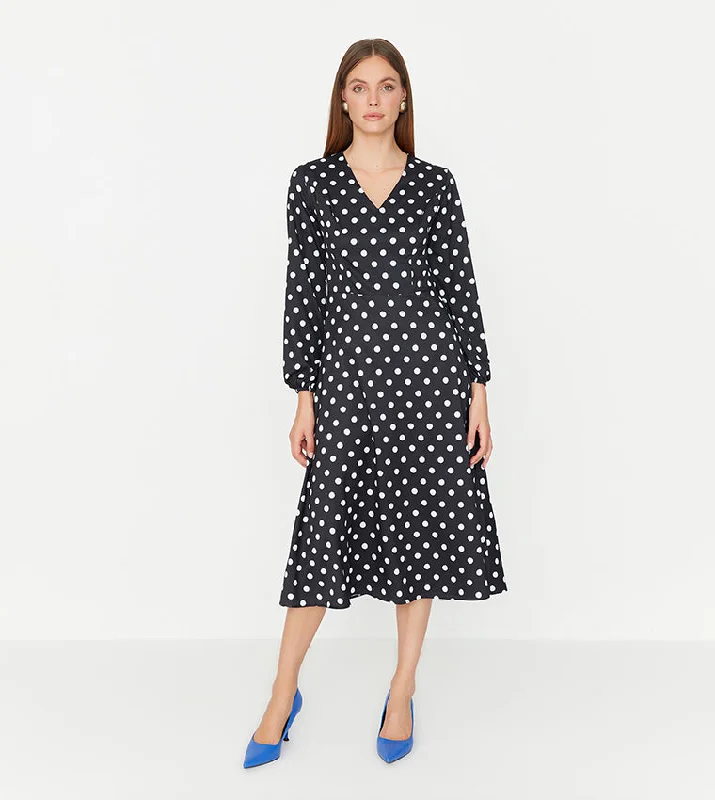New Markdowns Black Woven Polka Dot Midi Dress