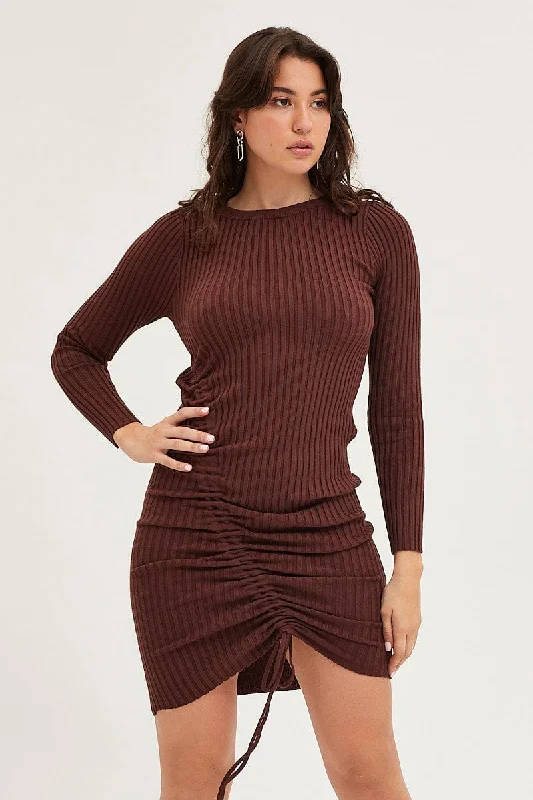 Reduced Prices Brown Drawstring Dress Long Sleeve Mini