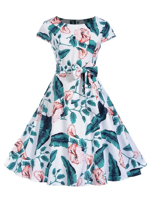 Online Only 50s Palm Tree And Floral Print Belted Dress
