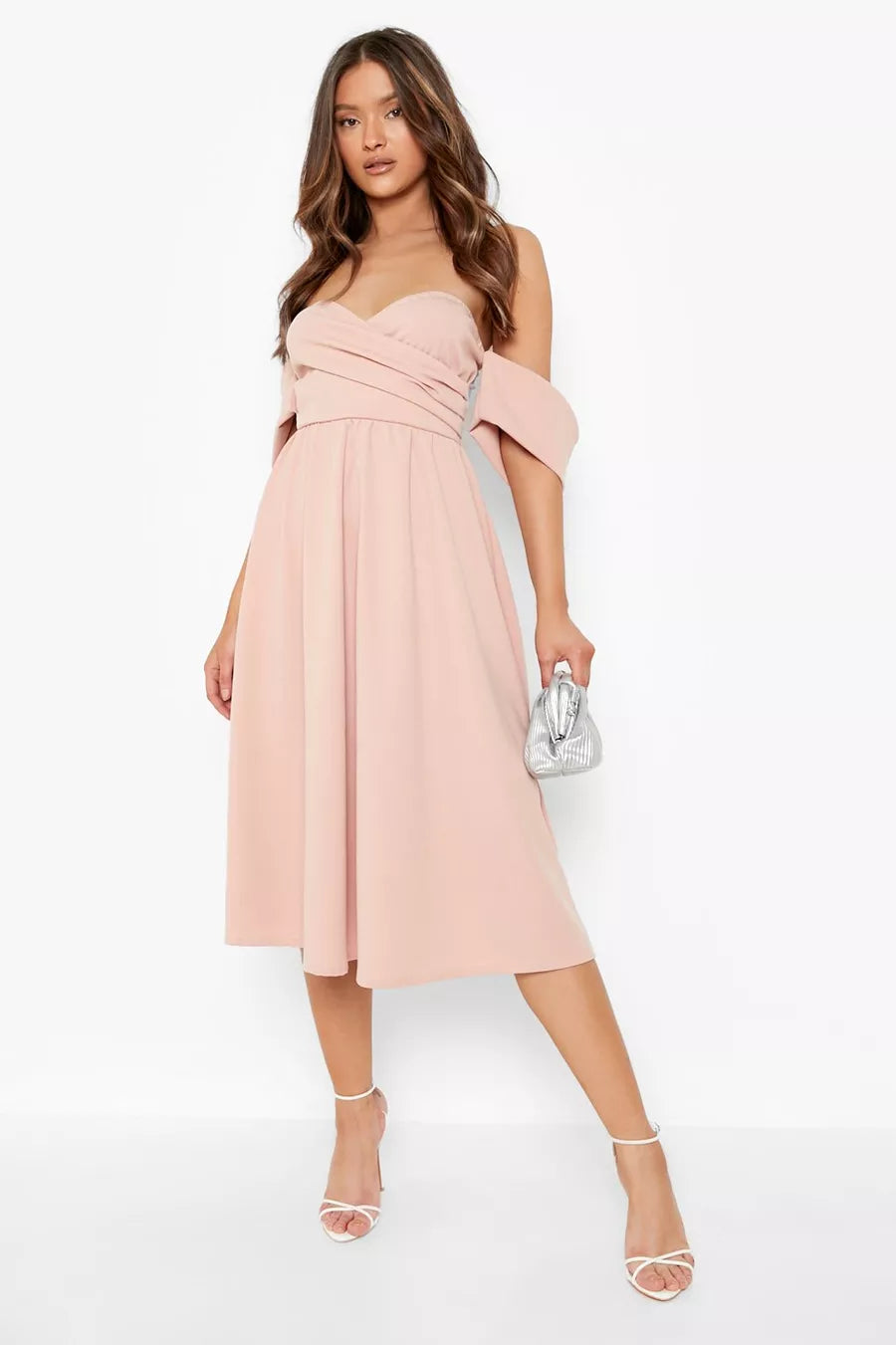 Deal Zone Bardot Pleat Detail Midi Skater Dress Rose