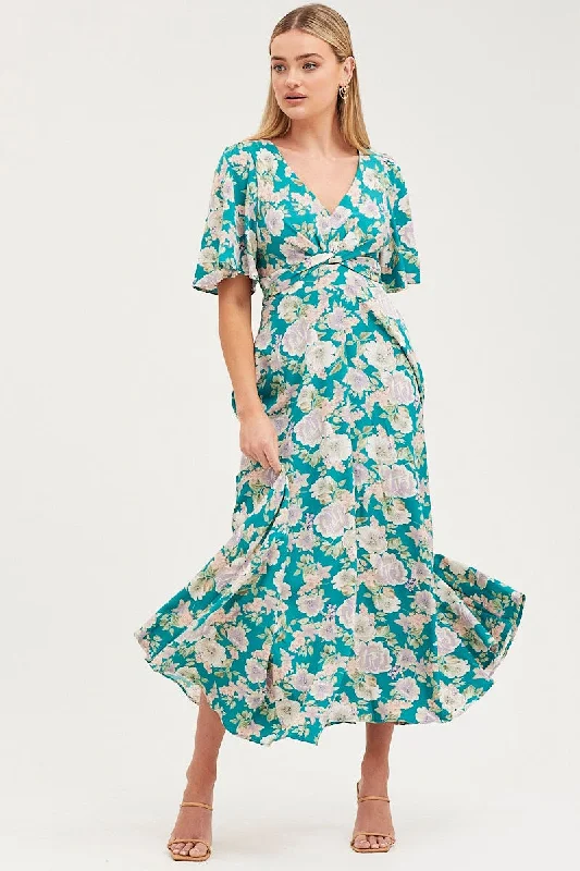 Low Prices Print Dress Short Sleeve Maxi V Neck Polyester