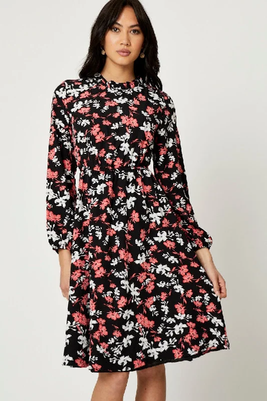 Overstock Print High Neck Floral Midi Dress