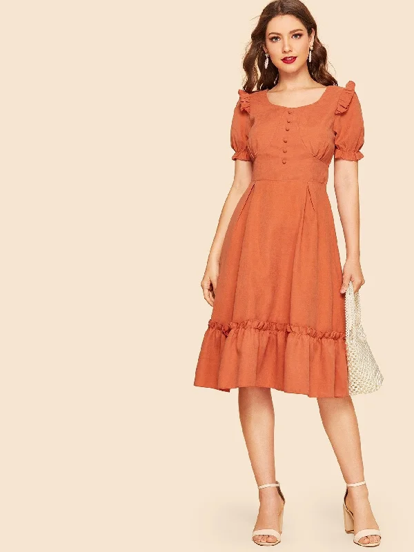 Stock Clearance Puff Sleeve Covered Button Detail Frill Dress