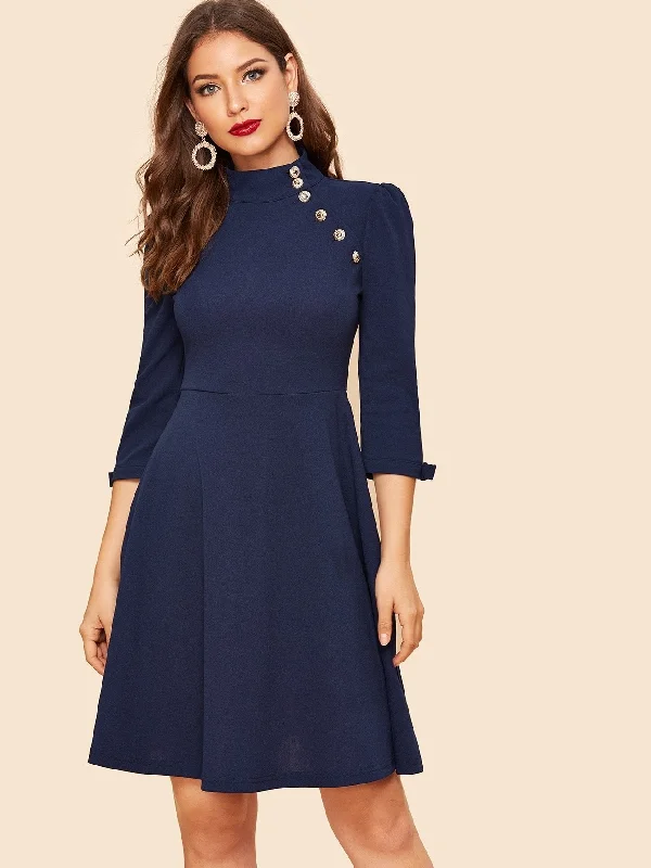 Exclusive Online Offer Mock Neck Button Detail Bow Cuff Flare Dress