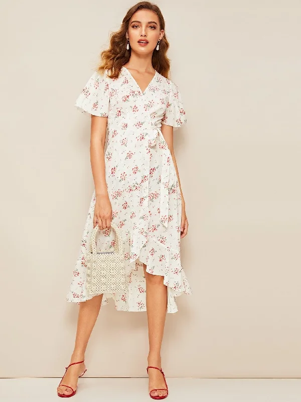 Crazy Savings Floral Print Ruffle Hem Wrap Knotted Dress