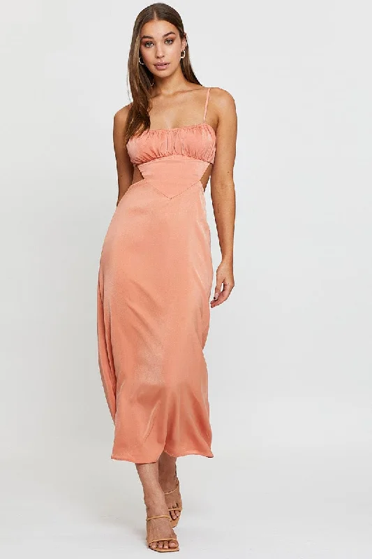 Can't Be Beat Orange Midi Dress Evening Cowl Neck
