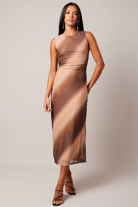 Special Savings Brown Abstract Bodycon Dress Round Neck Sleeveless Mesh