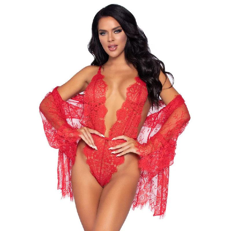 Friends and Family Sale Leg Avenue Floral Lace Teddy And Robe Red