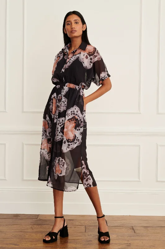 Don't Miss Black and Orange Printed Short Sleeve Tie Waist Midi Dress