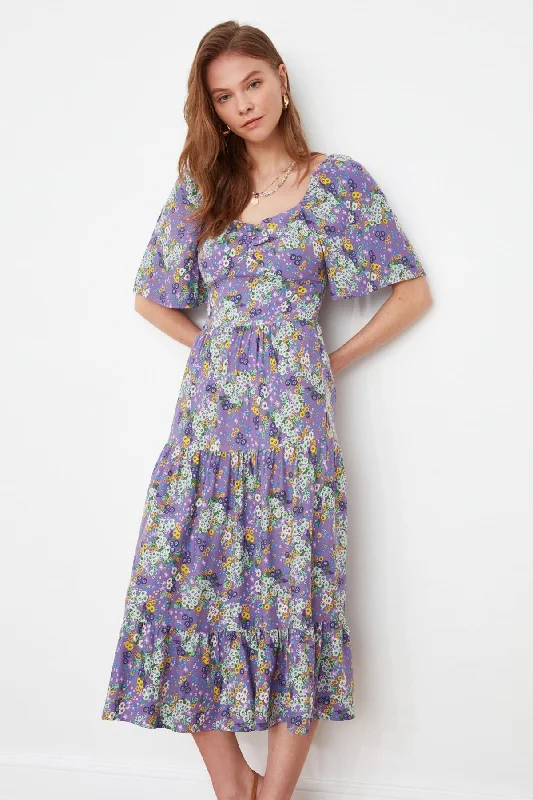 Lowest Price Purple Floral Woven Midi Dress