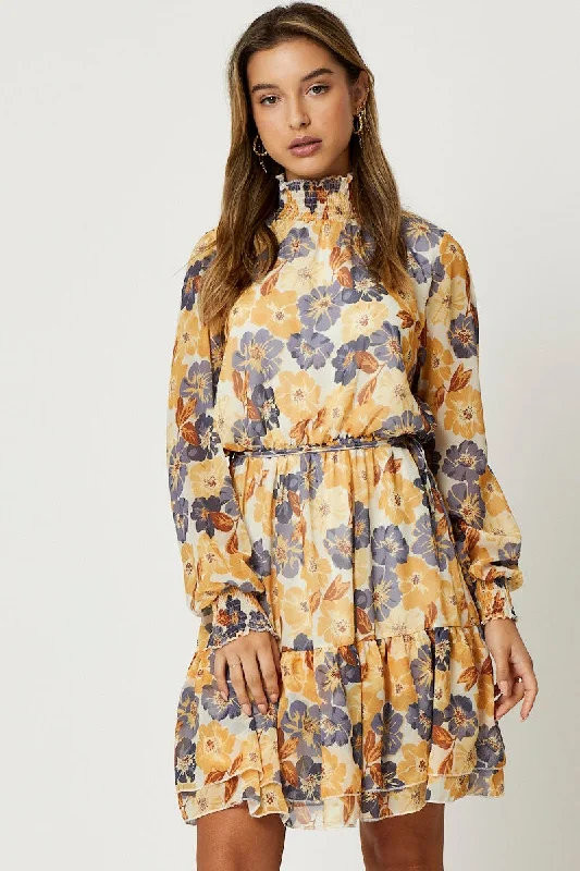 Amazing Deals Print Mini Dress Long Sleeve Evening