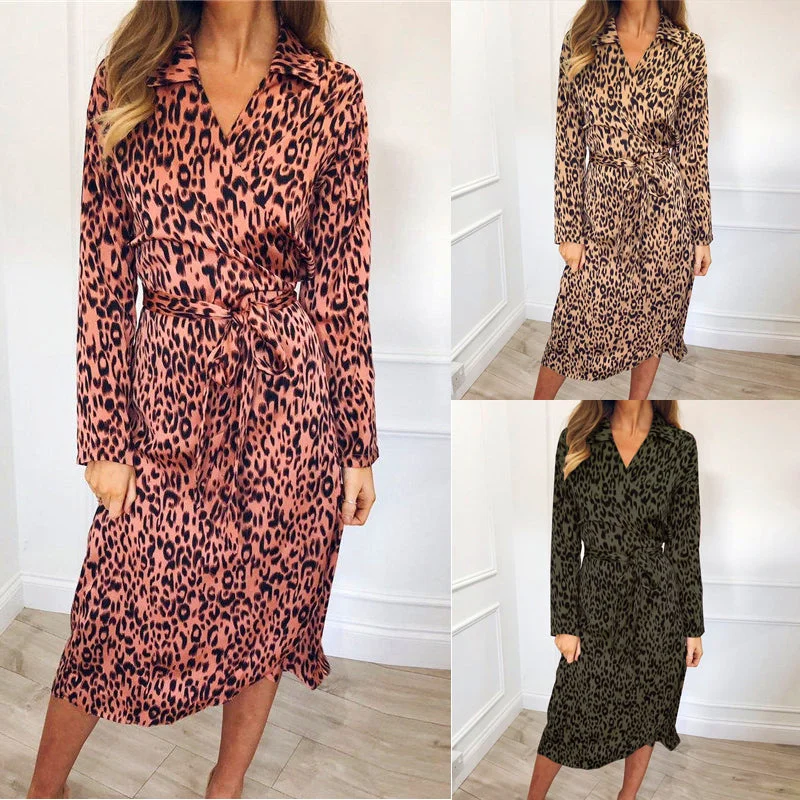 Time-Limited Offer 2019 Woman Summer fashion sexy leopard V-Neck Dress long sleeve shirt dresses women plus size dress with belt vestidos