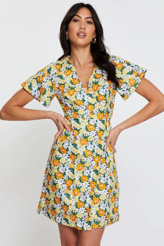Clearance Sale Print Fit And Flare Dress Short Sleeve V Neck