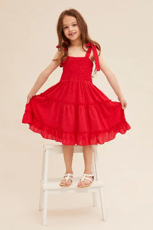 Exclusive Deal Red Kids Fit And Flare Dress Shirred