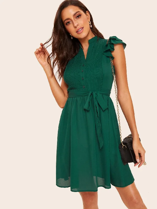 TIME-Limited Offer Button Front Layered Ruffle Pleated Dress With Belt