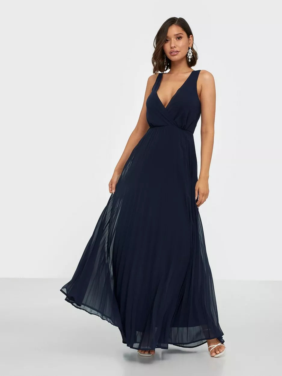 YEAR-End Sale Lace Straps Navy Pleated Maxi Dress