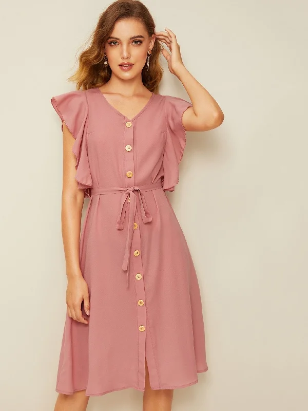 Today's Special 70s Ruffle Armhole Button Front Dress