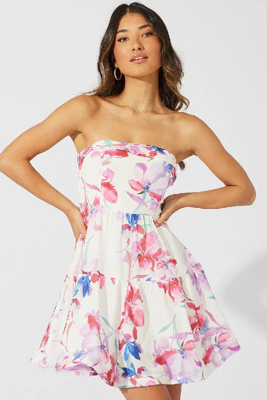 Year-End Sale White Floral Fit and Flare Dress Boob Tube