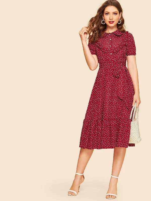 Bargain Prices 40s Confetti Heart Ruffle Hem Belted Shirt Dress
