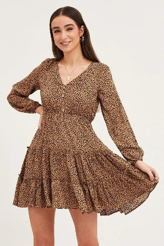 Major Savings Print Skater Dress Long Sleeve Mini