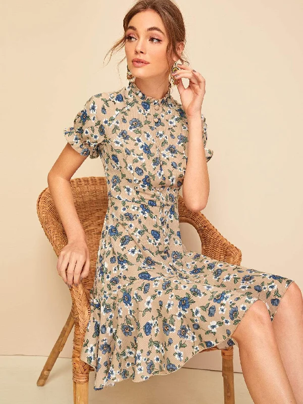 Instant Discount Frill Neck Button Up Flounce Hem Floral Tea Dress