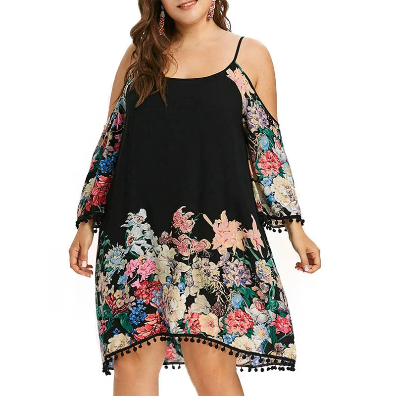 Early Access Plus Size Women Summer 3/4 Sleeve Off Shoulder Printing Dress A-Line Spaghetti Strap Summer Chiffon Dress Vestidos