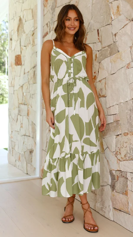 Hurry In Edda Midi Dress - Sage Print