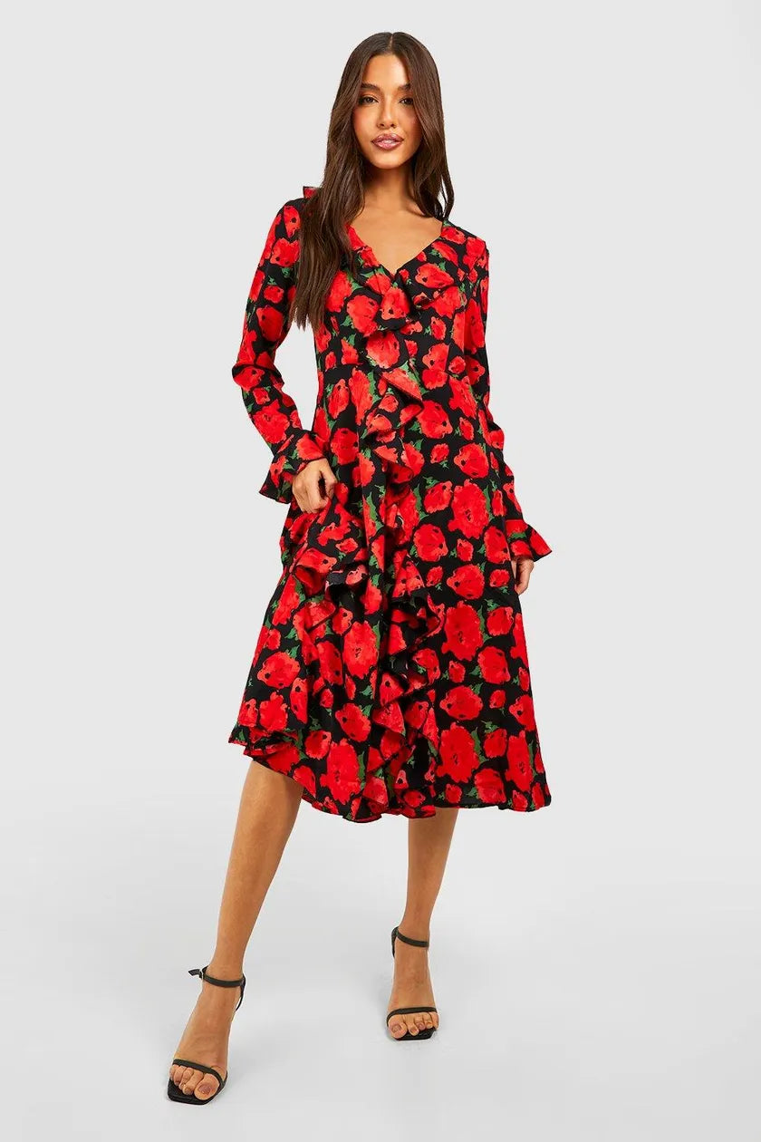 Daily Deals Rose Print Ruffle Midi Smock Dress