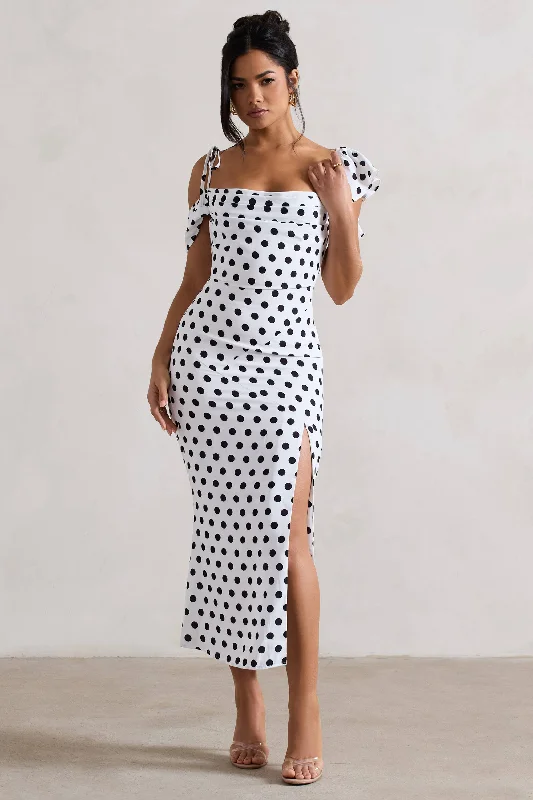 Extra Discounts Palermo | White Polka Dot Asymmetric Draped Split Dress