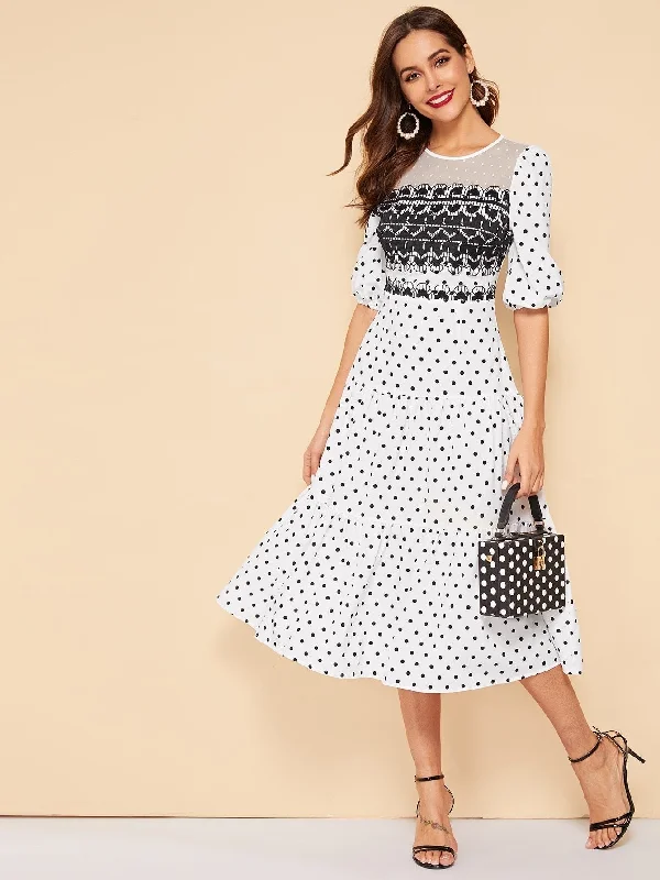Fantastic Deals 70s Dobby Mesh Yoke Polka Dot Ruffle Hem Dress