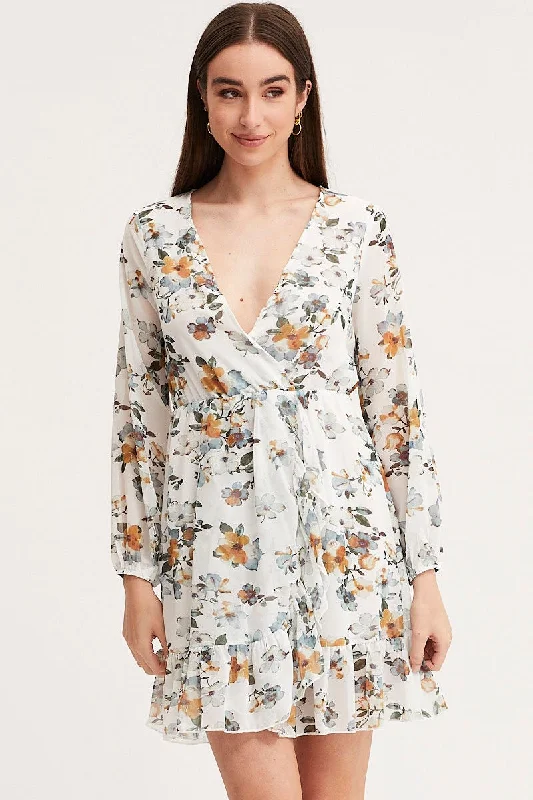 Deal Dash Print Mini Dress Long Sleeve V Neck