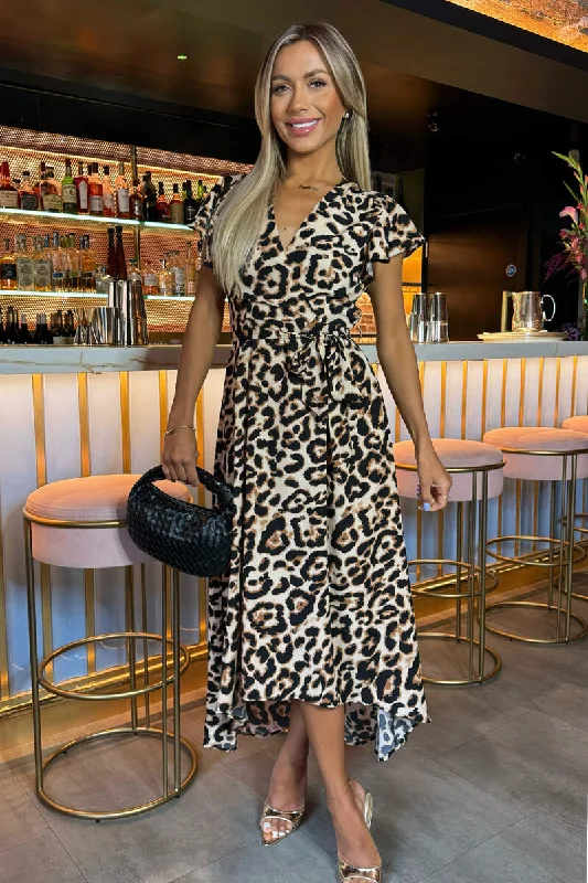 Hot Deal Multi Leopard Print Short Sleeve Belted Wrap Midi Dress