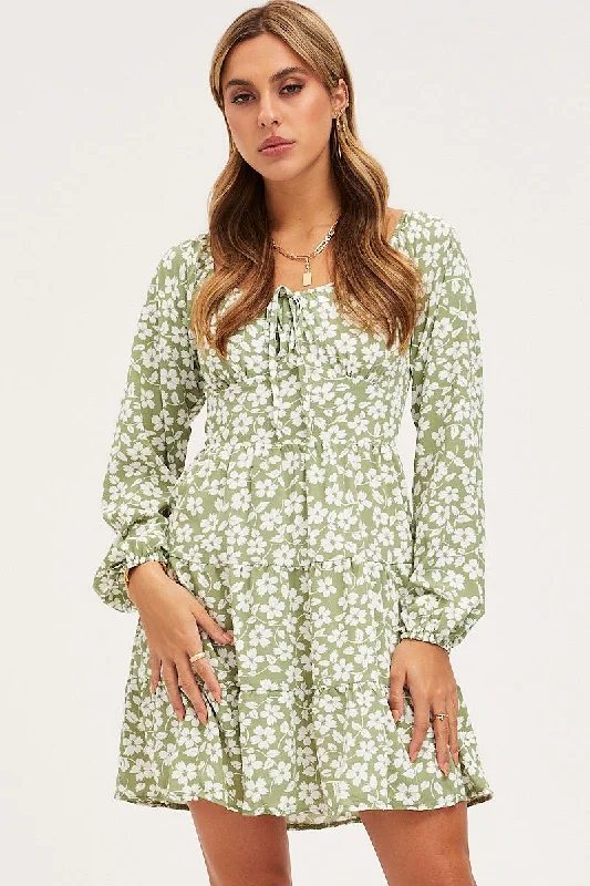 Last Chance Print Mini Dress Long Sleeve Square Neck
