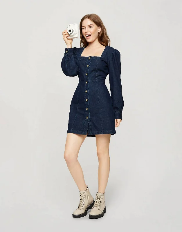 Hurry In Square Neck Denim Dress Blue