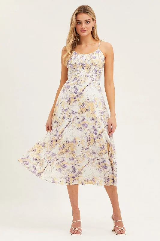 Now or Never Abstract Print Gathered Bust Tie Back Midi Dress