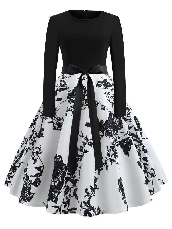 Steals and Deals 50s Ribbon Tie Floral Print Flared Dress