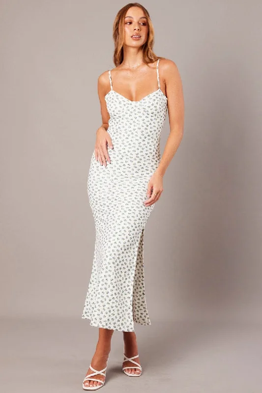Mega Sale White Ditsy Maxi Dress Sweetheart Neck Bodycon Textured