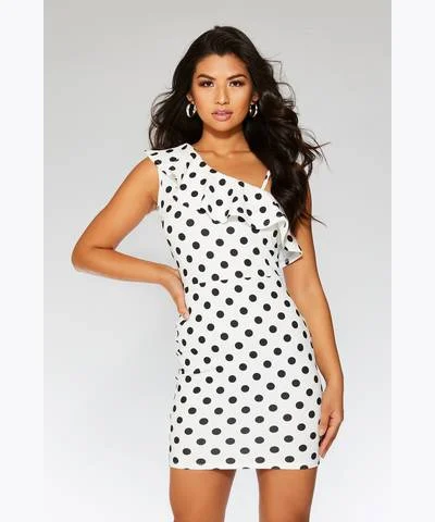 Fantastic Offers Polka Dot One Shoulder Bodycon Dress White