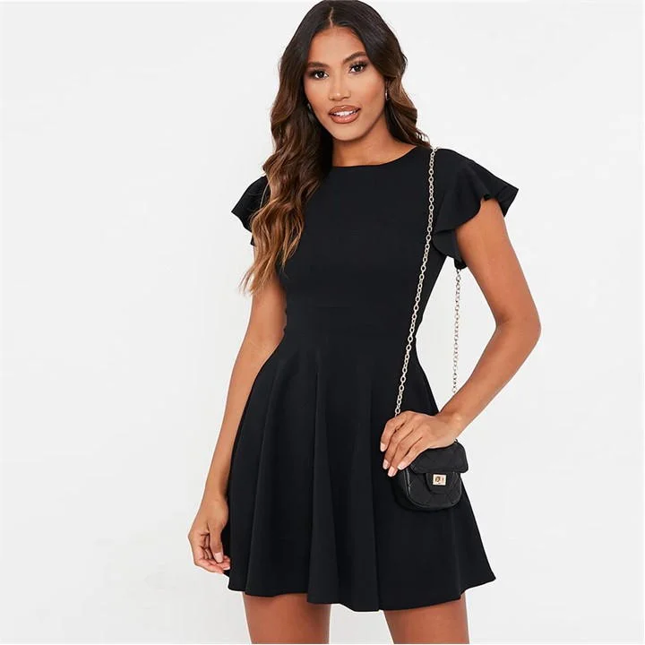 Steals and Deals Black Stretch Crepe Flutter Sleeve Skater Dress