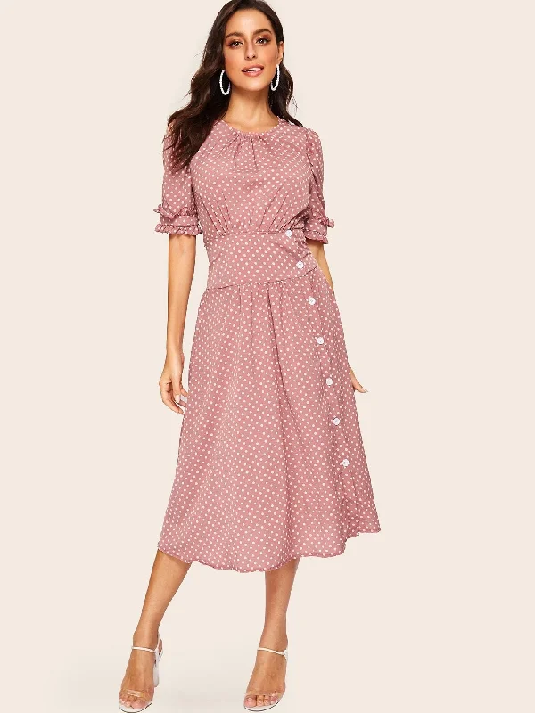 Doorbuster Deal  60s Button Front Frilled Cuff Polka-dot Print Dress