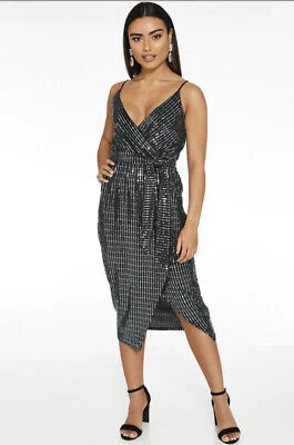 Weekend Deal Black And Gunmetal Sequin Wrap Front Tie Belt Dress