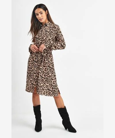 Special Price Animal Print Belted Shirt Dress