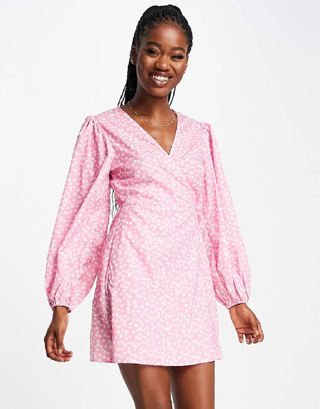 Low Prices Ditsy Pink Wrap Mini Dress