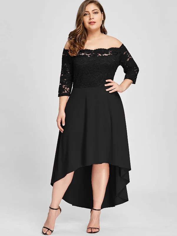 Great Deals Plus Lace Overlay Dip Hem Bardot Dress