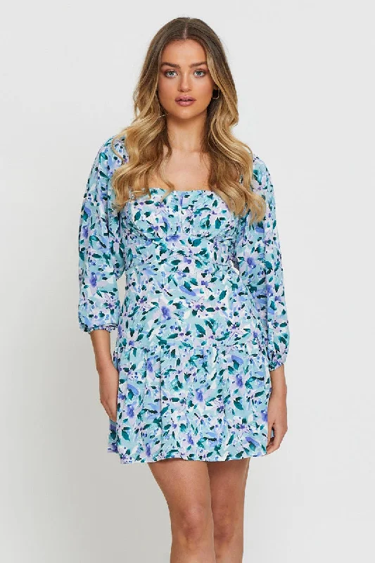 Deal Dash Print Mini Dress Square Neck