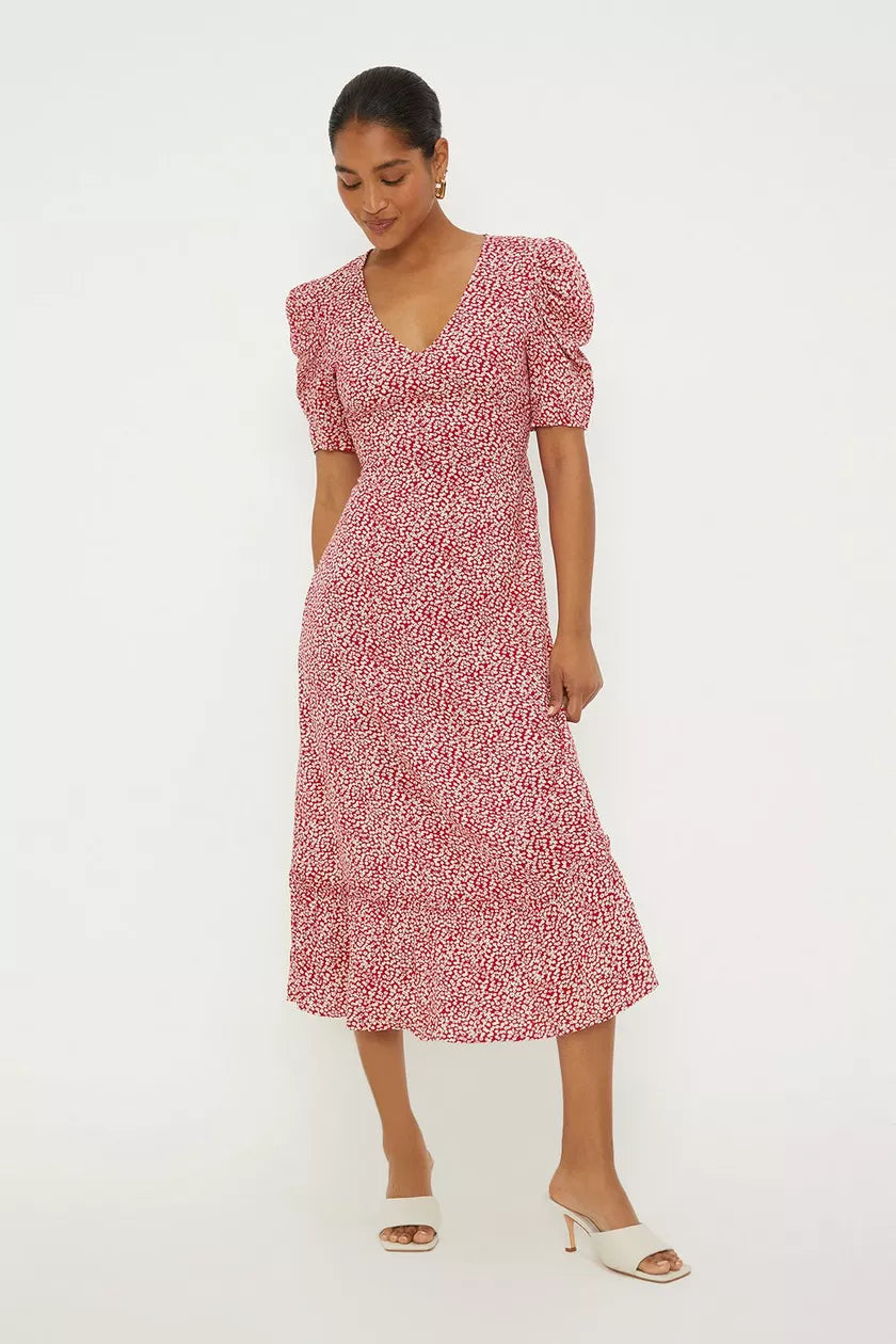 Midnight Sale Red Disty Floral Puff Sleeve Midi Dress