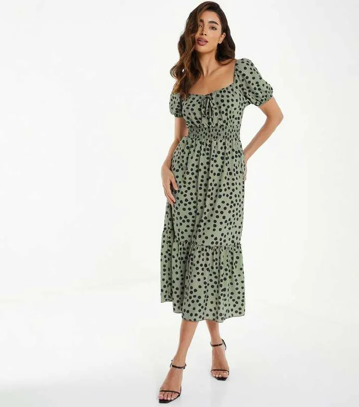 Deep Discounts Olive Polka Dot Tiered Midaxi Dress
