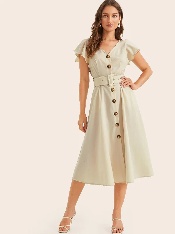 Flash Sale Flutter Sleeve Buckle Belted Button Up Tea Dress