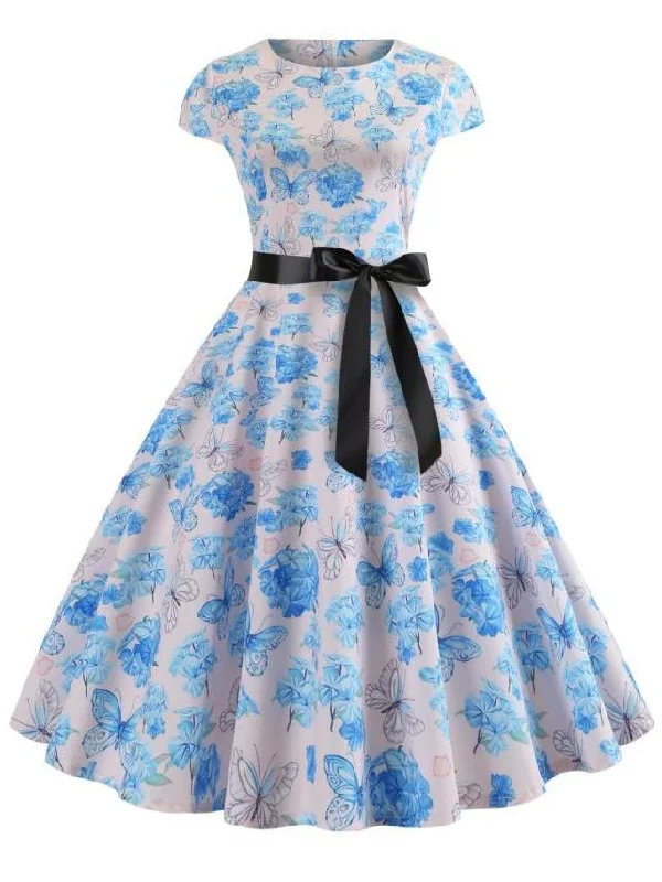 Markdowns 50s Butterfly And Floral Print Belted Dress