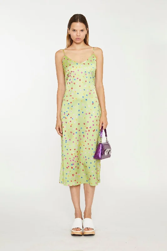 Markdowns Lime-Multi Daisy Bias-Cut Slip Midi-Dress